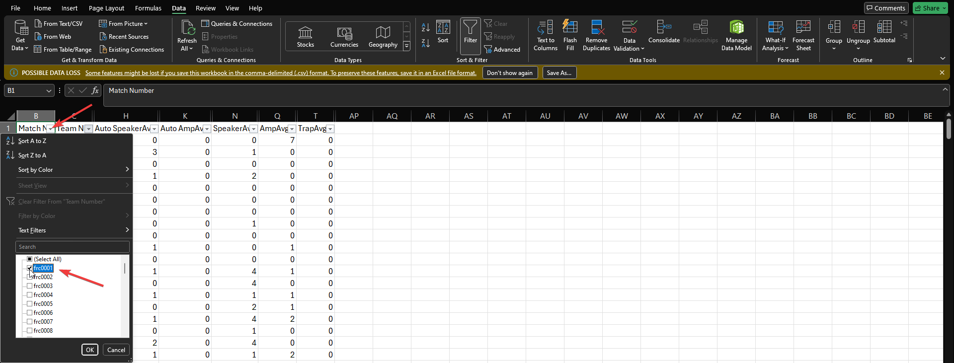 Filter for just one team's data.